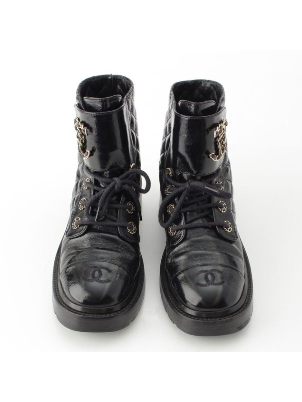 Chanel Leather CC Logo Lace Up Mountain Short Boots Shoes Black 37.5 - Picture 2 of 10